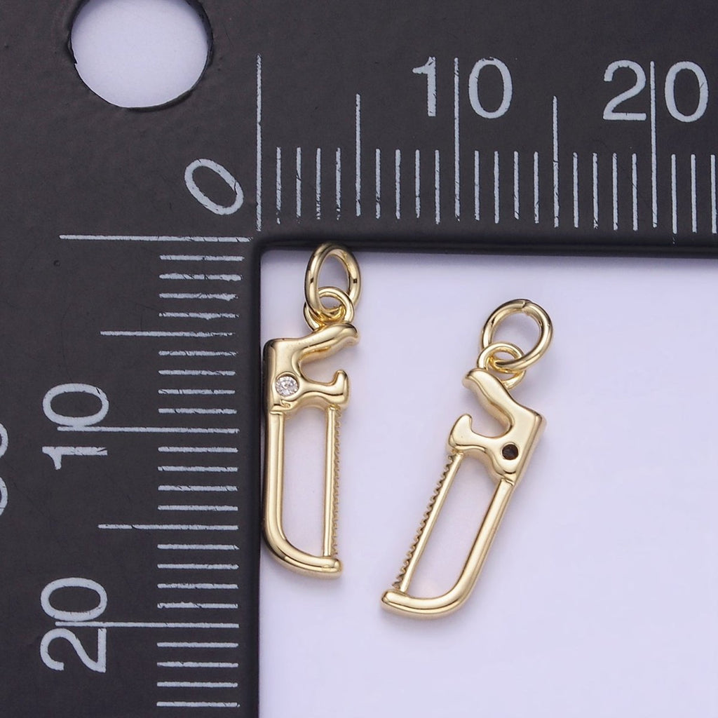 14K Gold plated CZ Hacksaw Coping Saw Cutter Construction Tool Mini Charm | W554 - DLUXCA