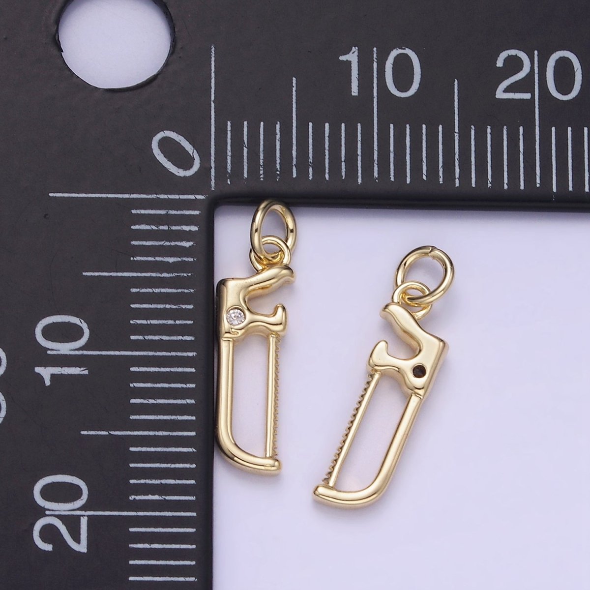 14K Gold plated CZ Hacksaw Coping Saw Cutter Construction Tool Mini Charm | W554 - DLUXCA