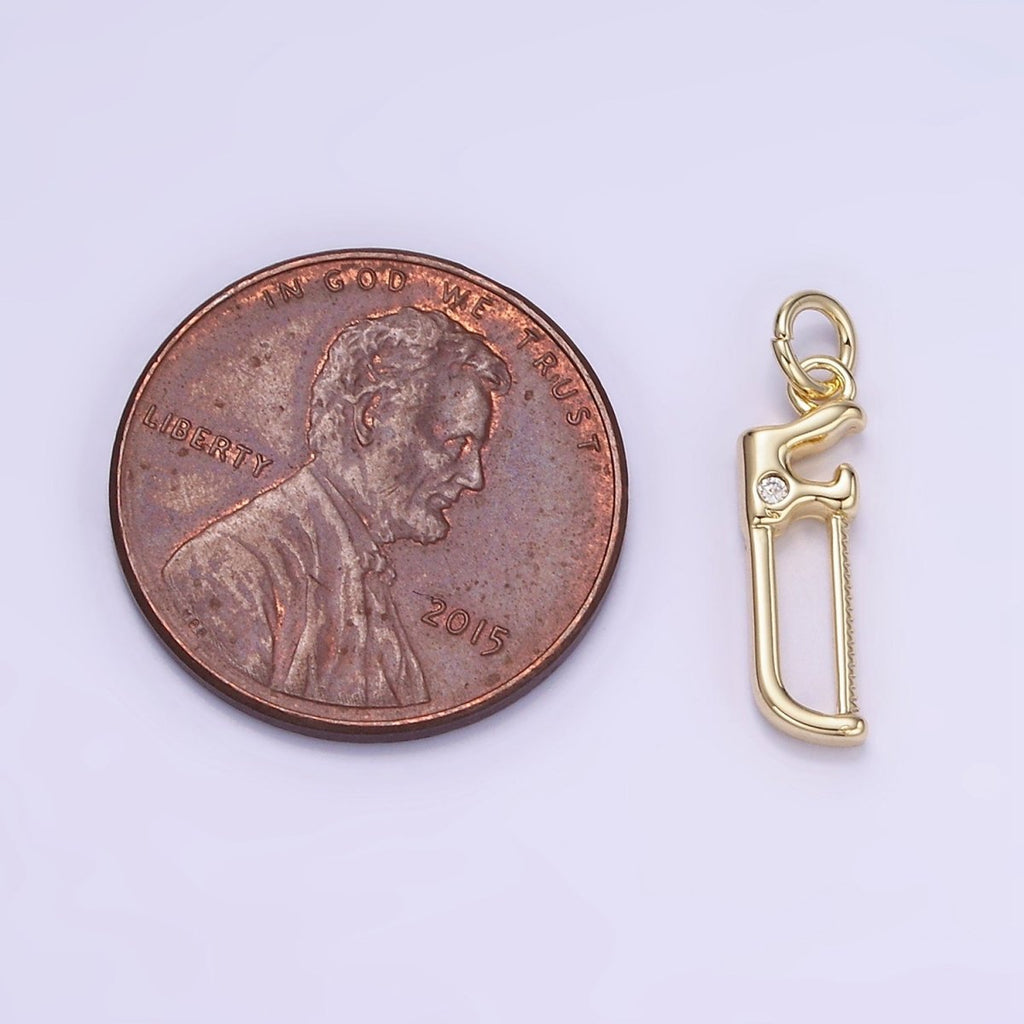 14K Gold plated CZ Hacksaw Coping Saw Cutter Construction Tool Mini Charm | W554 - DLUXCA