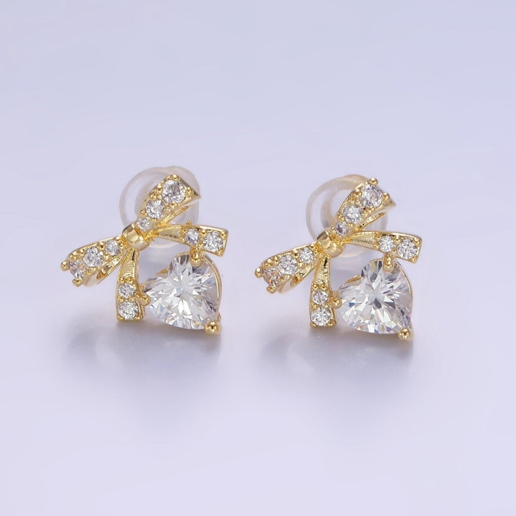 14K Gold plated CZ Heart Ribbon Bow Stud Earrings in Gold & Silver | V500 V501 - DLUXCA