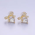 14K Gold plated CZ Heart Ribbon Bow Stud Earrings in Gold & Silver | V500 V501 - DLUXCA