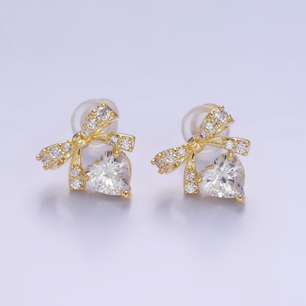 14K Gold plated CZ Heart Ribbon Bow Stud Earrings in Gold & Silver | V500 V501 - DLUXCA
