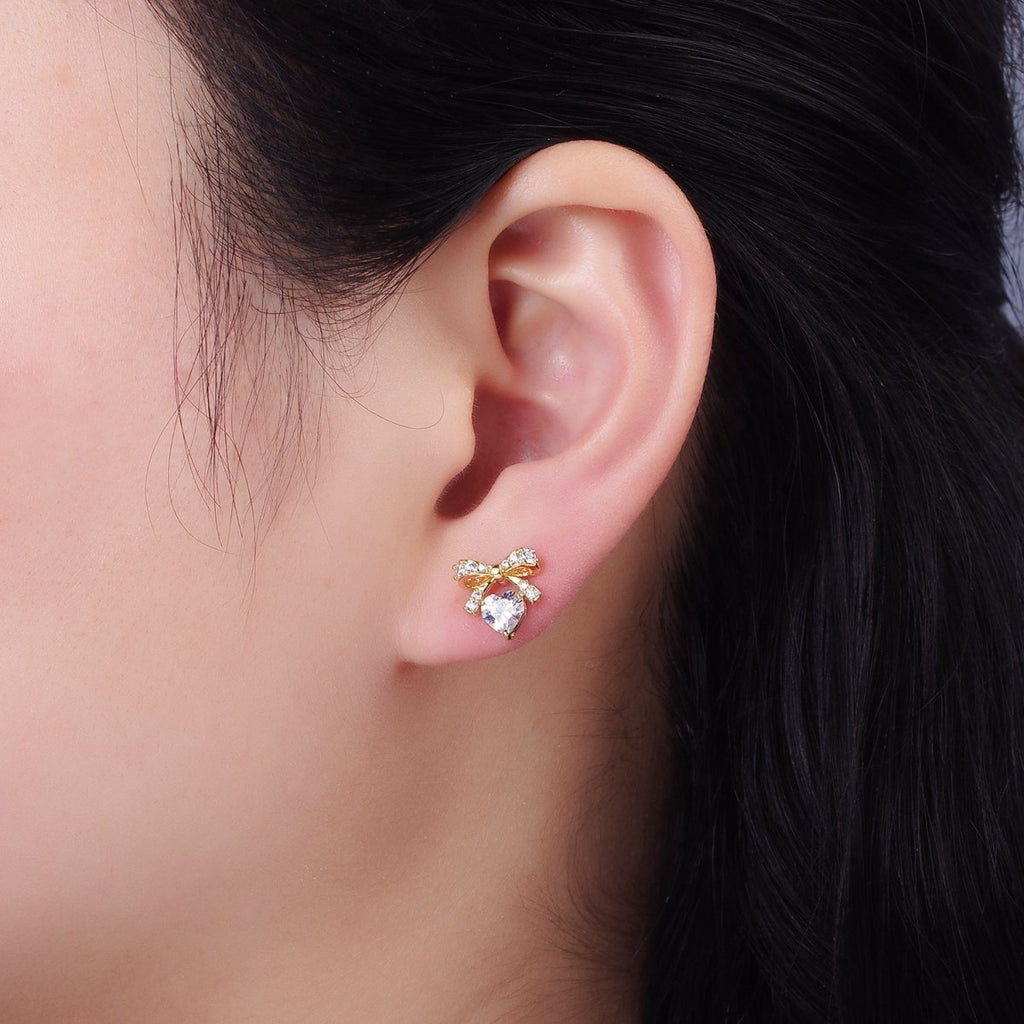 14K Gold plated CZ Heart Ribbon Bow Stud Earrings in Gold & Silver | V500 V501 - DLUXCA