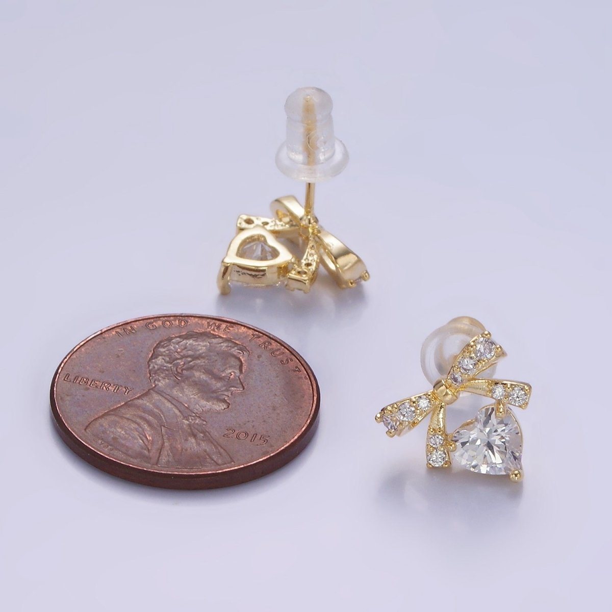 14K Gold plated CZ Heart Ribbon Bow Stud Earrings in Gold & Silver | V500 V501 - DLUXCA