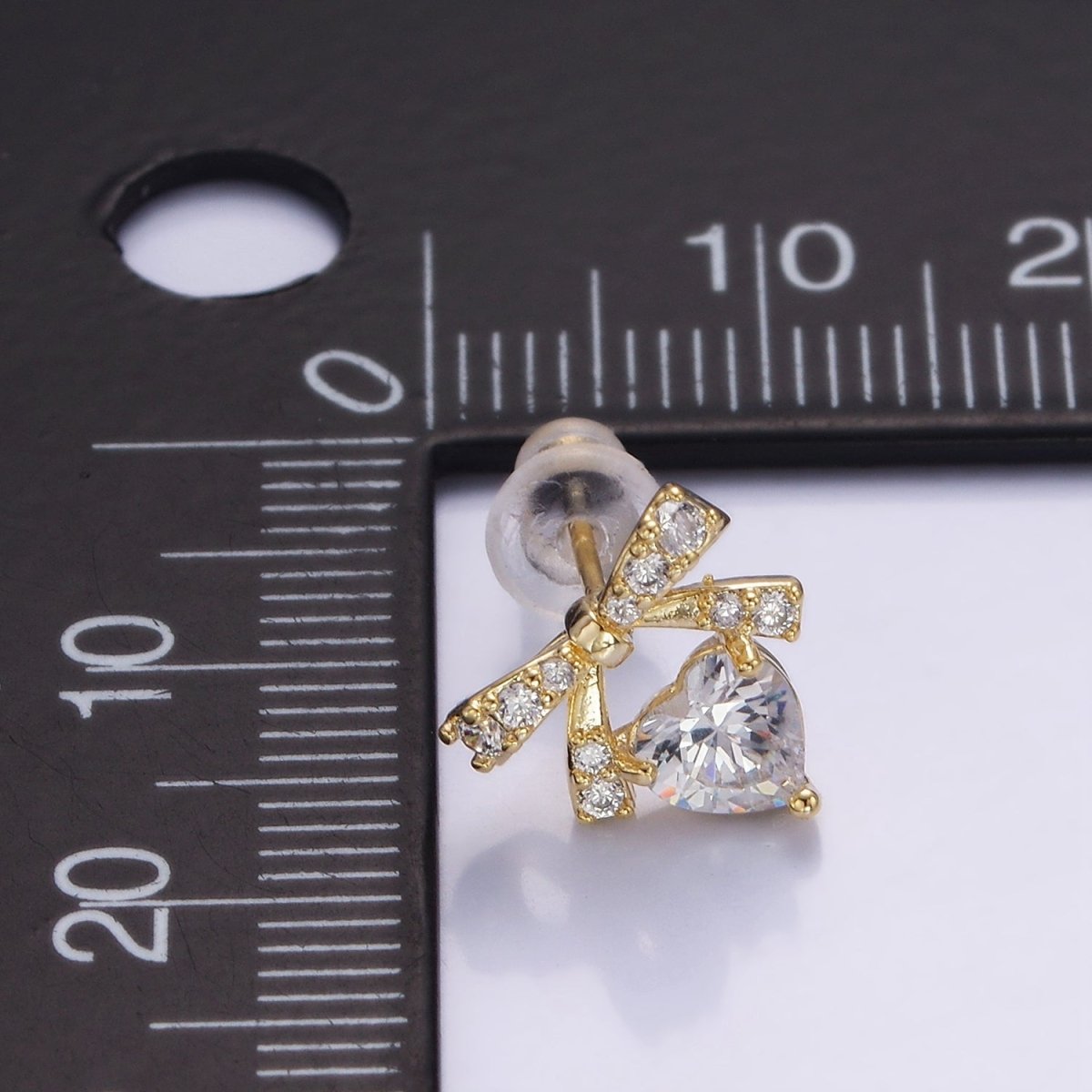 14K Gold plated CZ Heart Ribbon Bow Stud Earrings in Gold & Silver | V500 V501 - DLUXCA