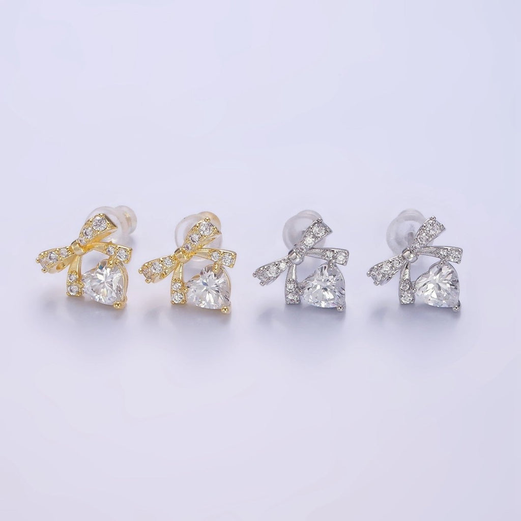 14K Gold plated CZ Heart Ribbon Bow Stud Earrings in Gold & Silver | V500 V501 - DLUXCA