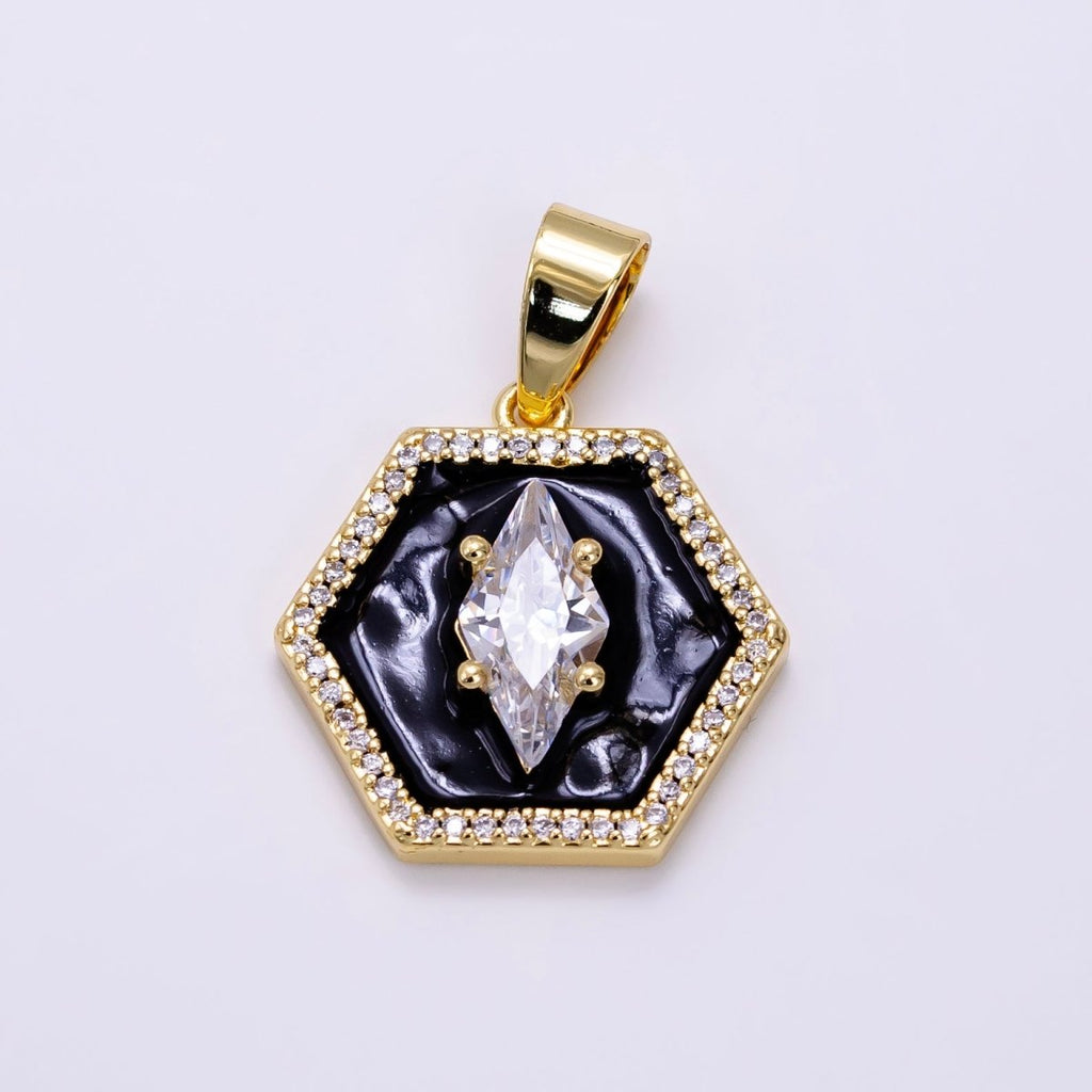 14K Gold plated CZ Marquise Black Enamel Hexagon Pendant | AA1267 - DLUXCA