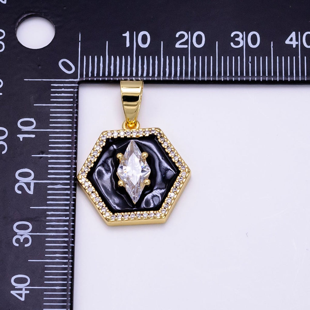 14K Gold plated CZ Marquise Black Enamel Hexagon Pendant | AA1267 - DLUXCA