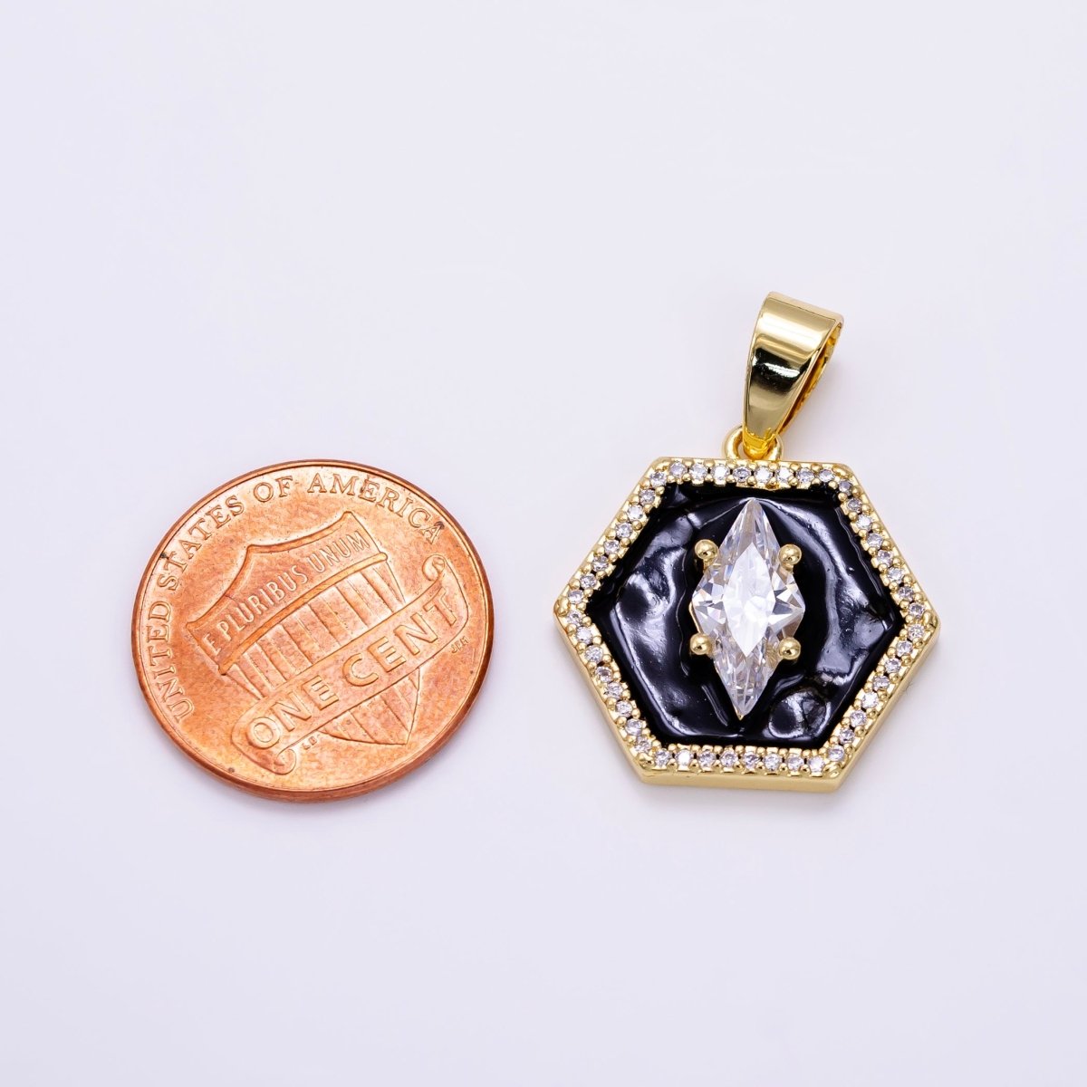 14K Gold plated CZ Marquise Black Enamel Hexagon Pendant | AA1267 - DLUXCA