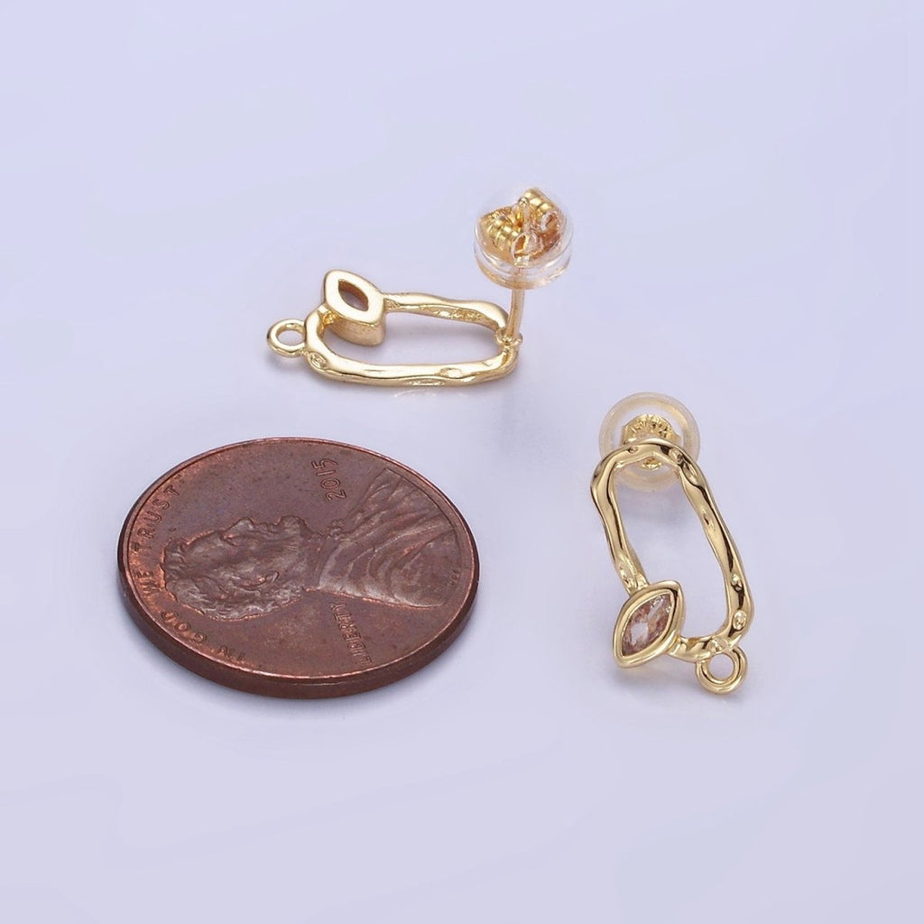 14K Gold plated CZ Marquise Hammered Open Oblong Drop Stud Earrings Findings Set | Z704 - DLUXCA