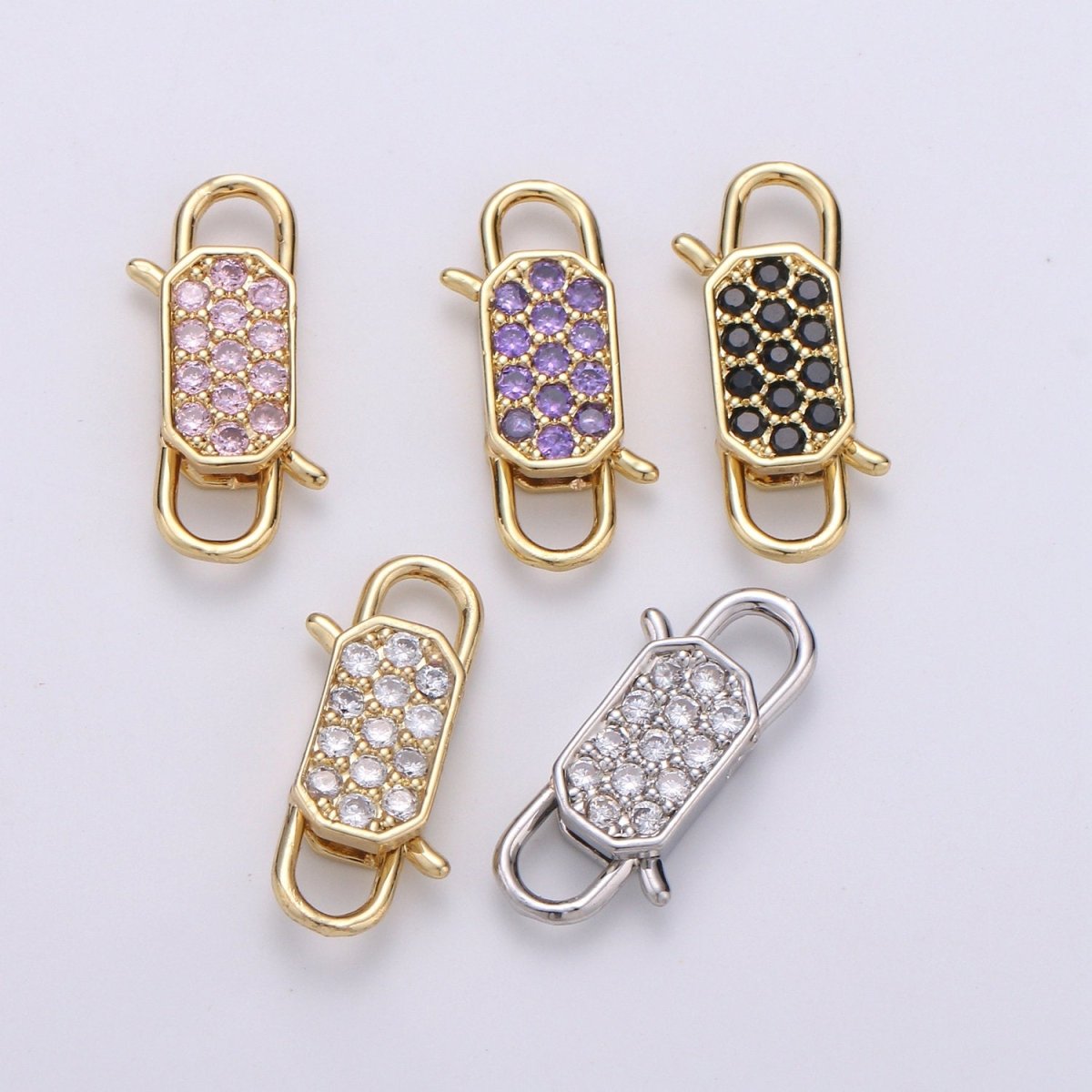14k Gold plated CZ Micro Pave Clasp Rectangle Lock Clasp, Interlock Micro pave Clasp Fastener for Bracelet Necklace Clear Pink Black Purple K-725 - K-729 - DLUXCA