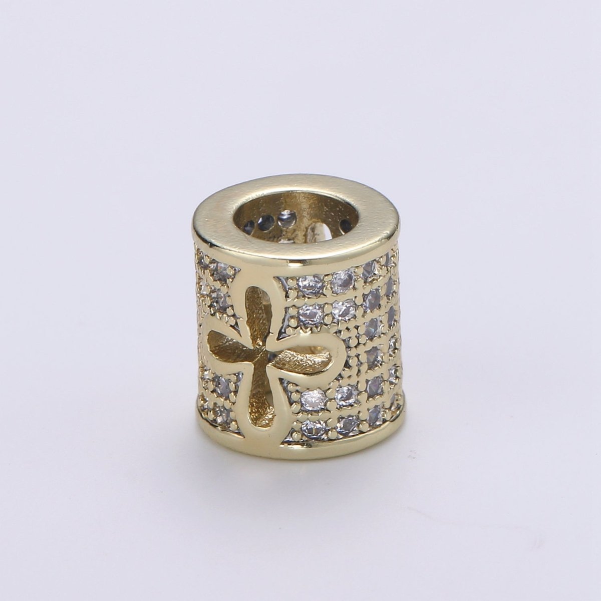 14k Gold plated CZ Micro Pave Large Hold Barrel Bead, Micro Pave Flower Cross Bead Spacer, Cubic Zirconia Pave Tube Spacer 10mm B-357 - DLUXCA