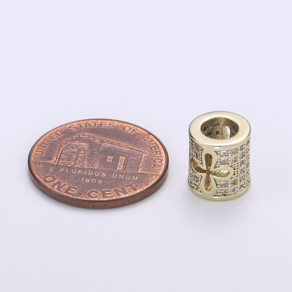 14k Gold plated CZ Micro Pave Large Hold Barrel Bead, Micro Pave Flower Cross Bead Spacer, Cubic Zirconia Pave Tube Spacer 10mm B-357 - DLUXCA