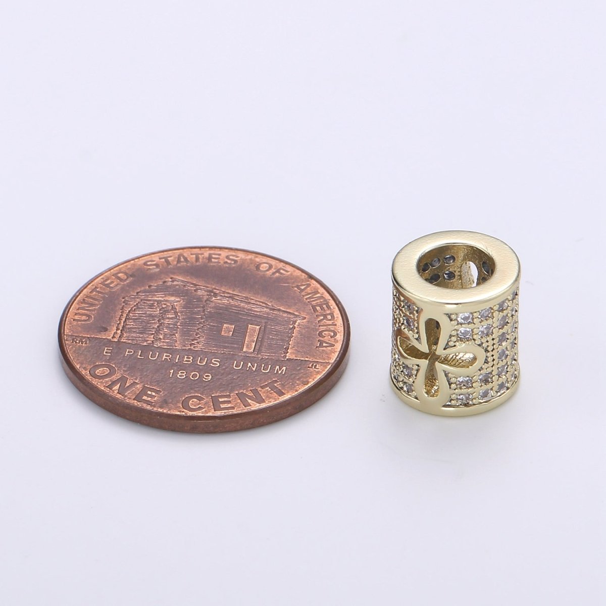 14k Gold plated CZ Micro Pave Large Hold Barrel Bead, Micro Pave Flower Cross Bead Spacer, Cubic Zirconia Pave Tube Spacer 10mm B-357 - DLUXCA