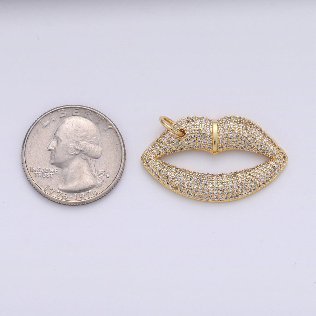 14k Gold plated CZ Micro Pave Lip Pendant for Statement Necklace Jewelry Supply 35x23mm D-093 - DLUXCA