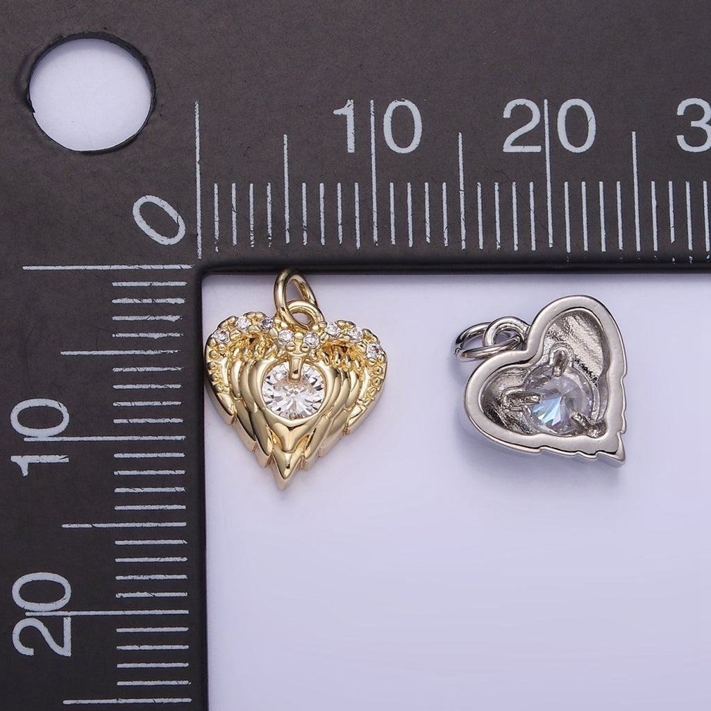 14K Gold plated CZ Micro Paved Angel Wings Heart Charm in Gold & Silver | W536