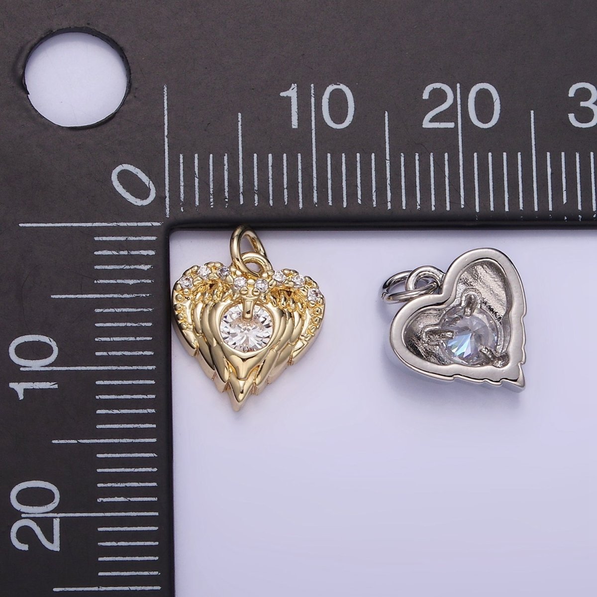 14K Gold plated CZ Micro Paved Angel Wings Heart Charm in Gold & Silver | W536