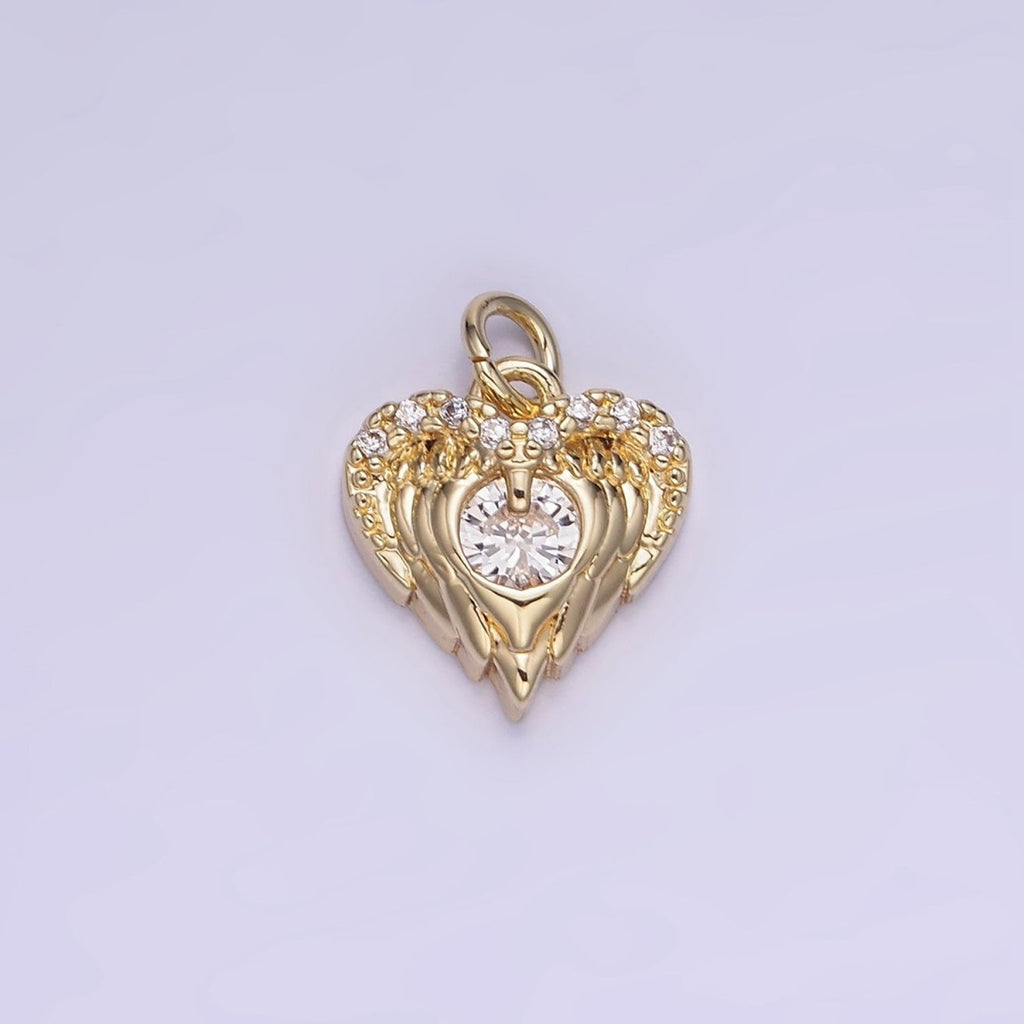 14K Gold plated CZ Micro Paved Angel Wings Heart Charm in Gold & Silver | W536