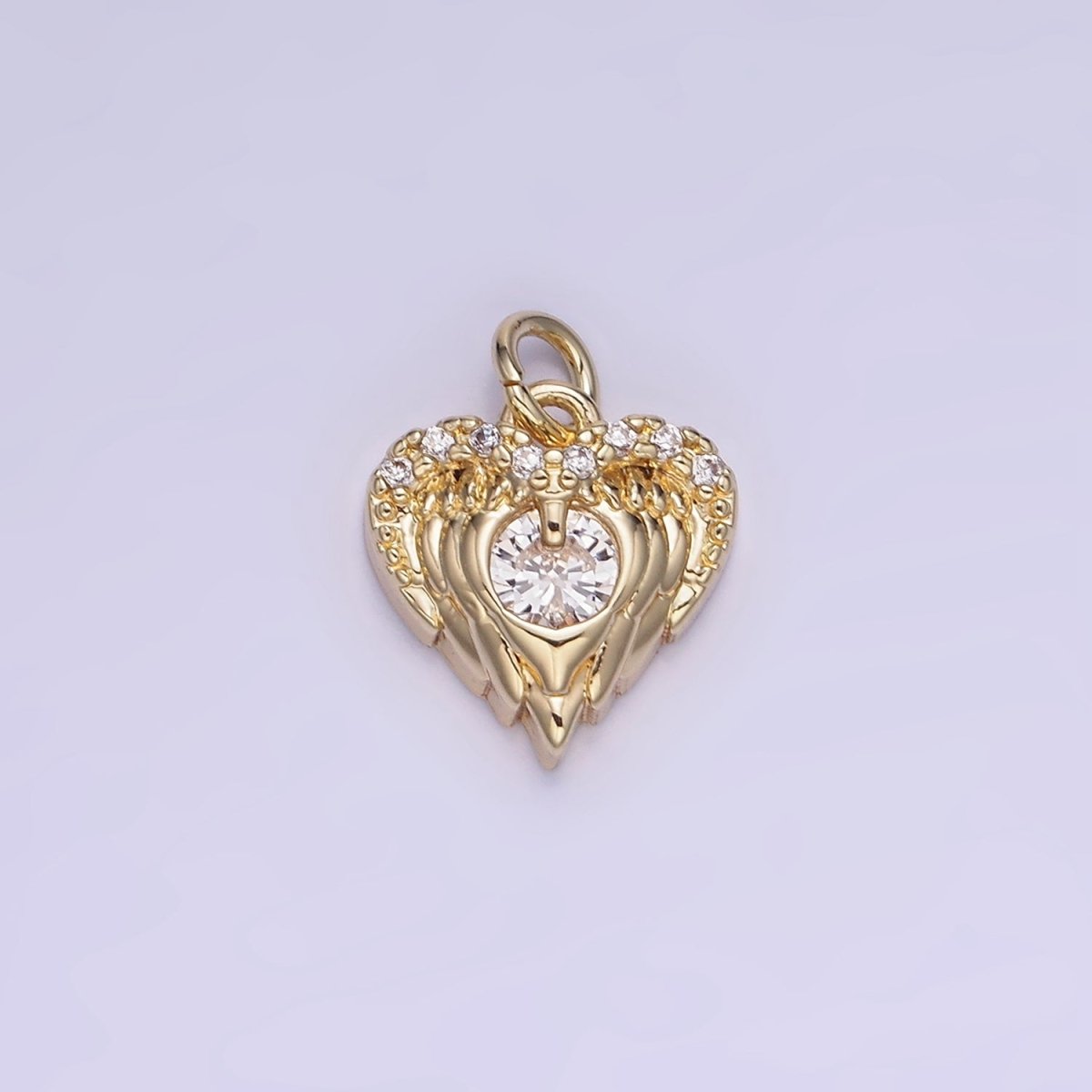 14K Gold plated CZ Micro Paved Angel Wings Heart Charm in Gold & Silver | W536
