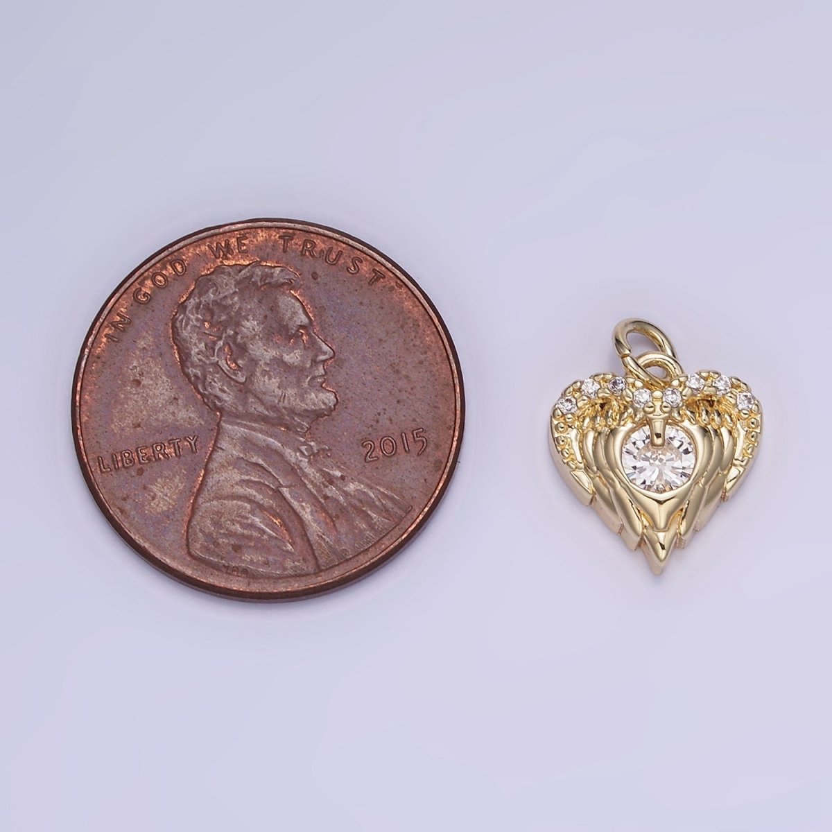 14K Gold plated CZ Micro Paved Angel Wings Heart Charm in Gold & Silver | W536