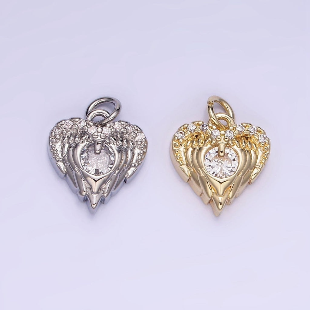 14K Gold plated CZ Micro Paved Angel Wings Heart Charm in Gold & Silver | W536