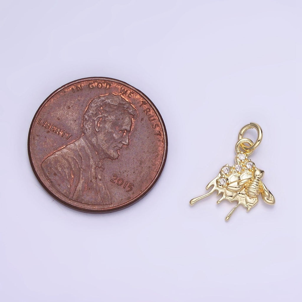 14K Gold plated CZ Micro Paved Molten Honey Comb Bumble Bee Charm | AG749 - DLUXCA