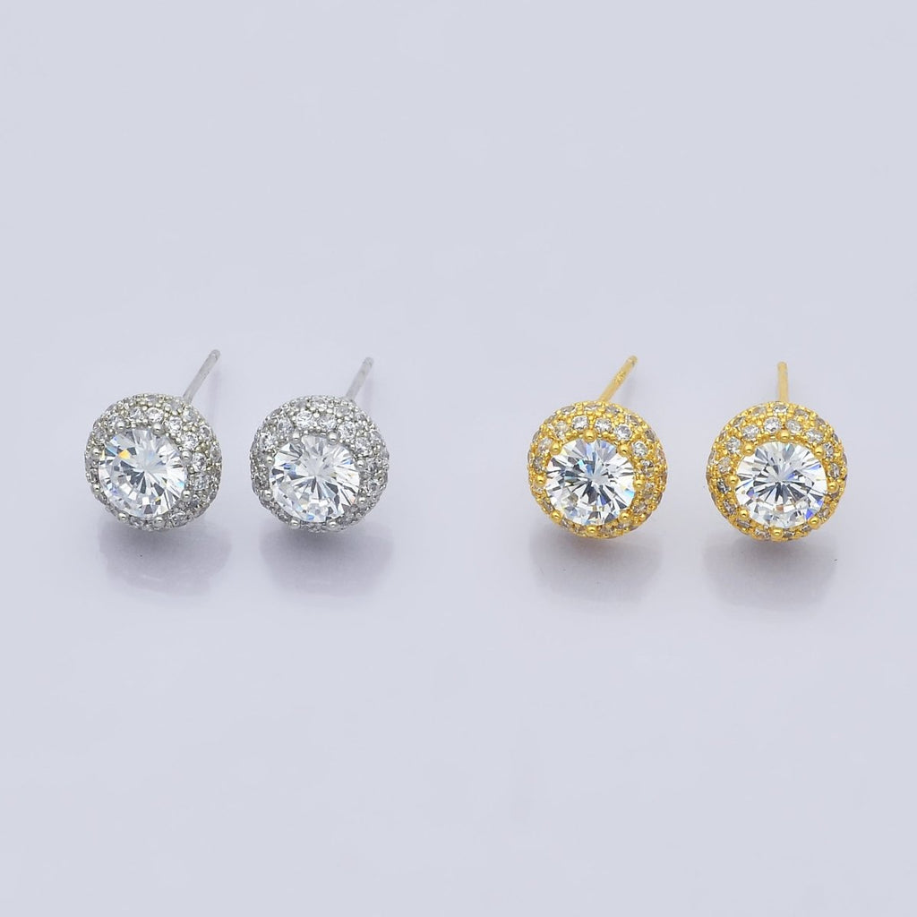 14K Gold plated CZ Micro Paved Round Bezel Stud Earrings in Gold & Silver | V312 - DLUXCA