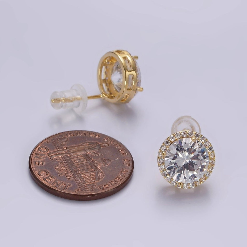 14K Gold plated CZ Micro Paved Round Bezel Stud Earrings in Gold & Silver | V312