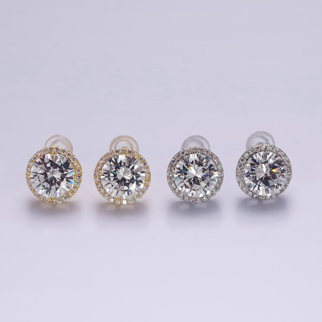 14K Gold plated CZ Micro Paved Round Bezel Stud Earrings in Gold & Silver | V312