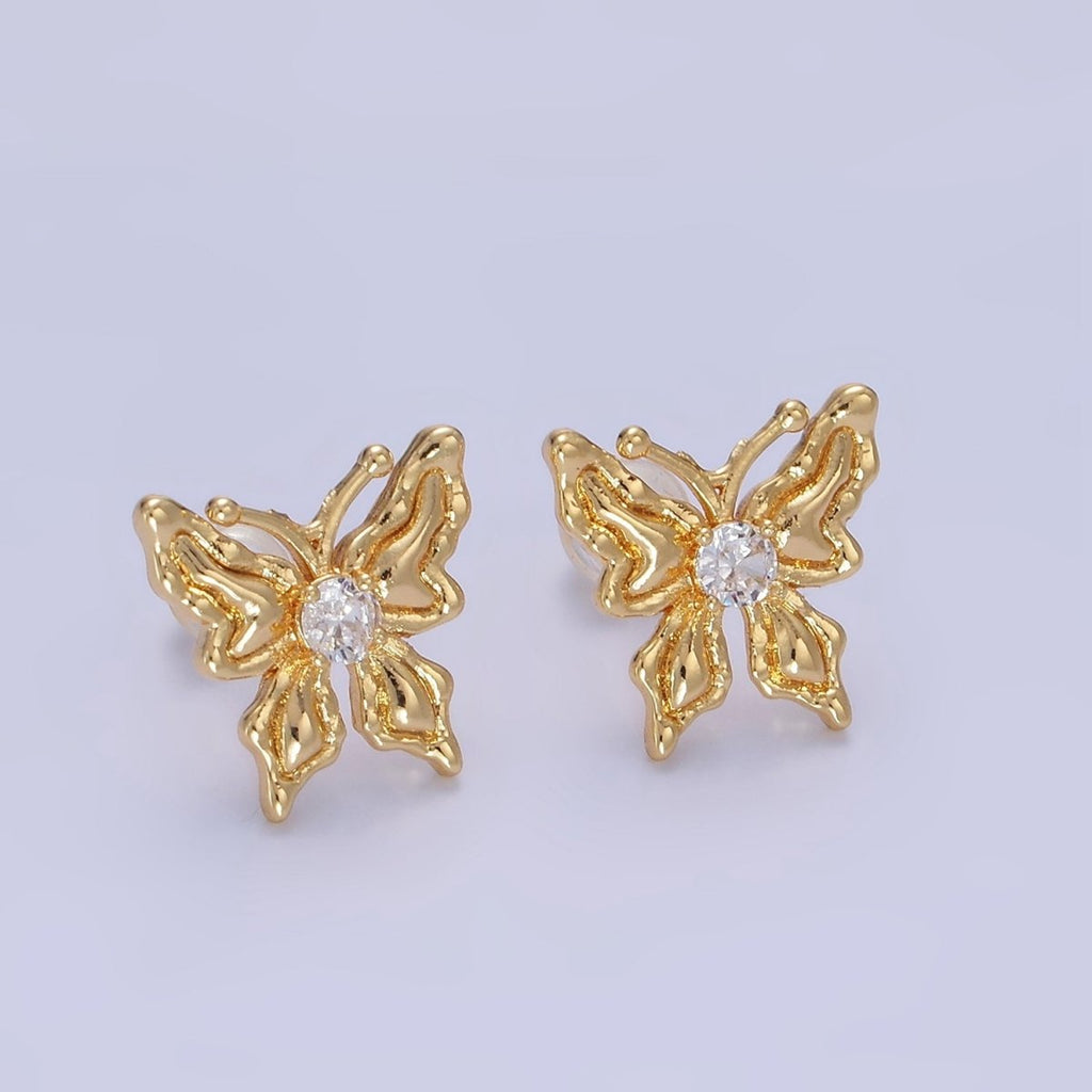 14K Gold plated CZ Molten Butterfly Stud Earrings | Q221 - DLUXCA