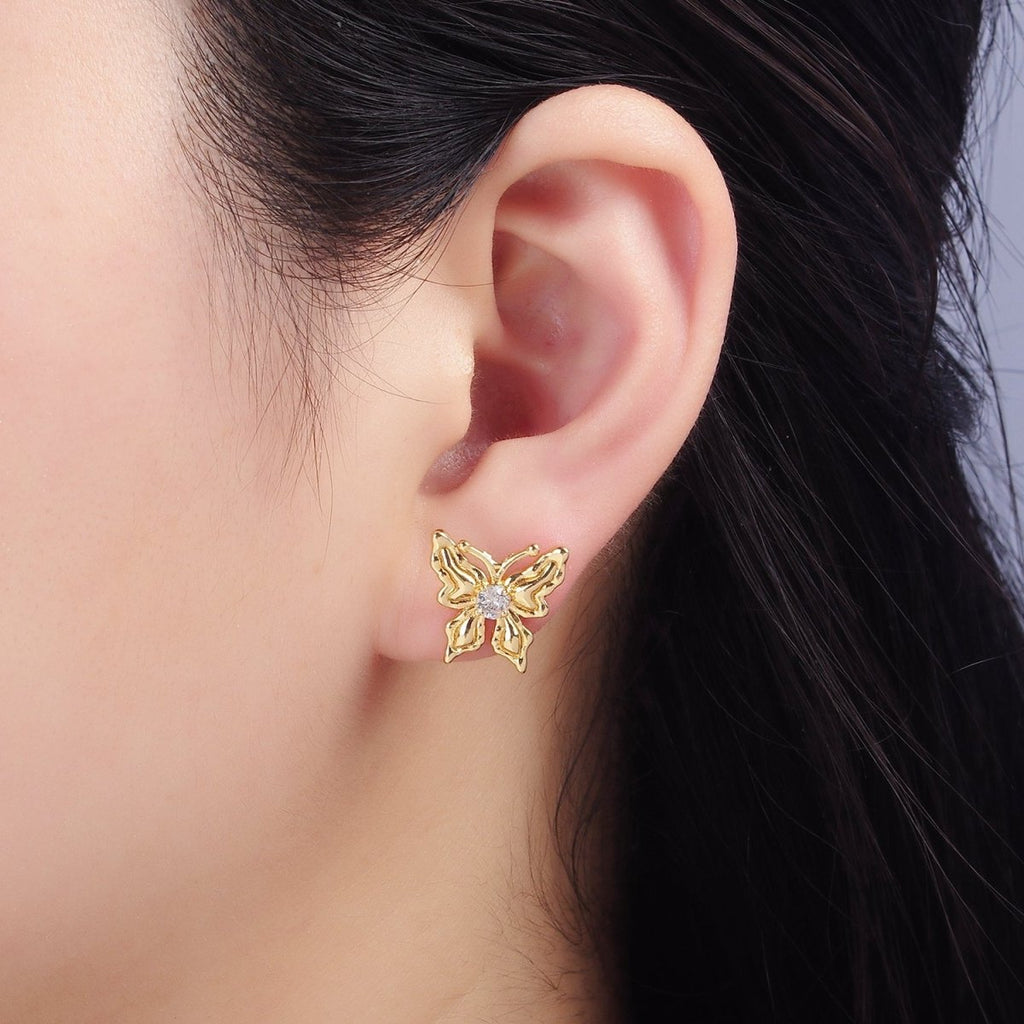 14K Gold plated CZ Molten Butterfly Stud Earrings | Q221 - DLUXCA