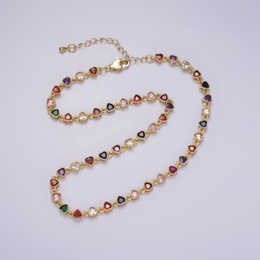 14K Gold plated CZ Multicolor Heart Bezel 15 Inch Necklace in Gold & Silver | WA-2244 WA-2245 Clearance Pricing