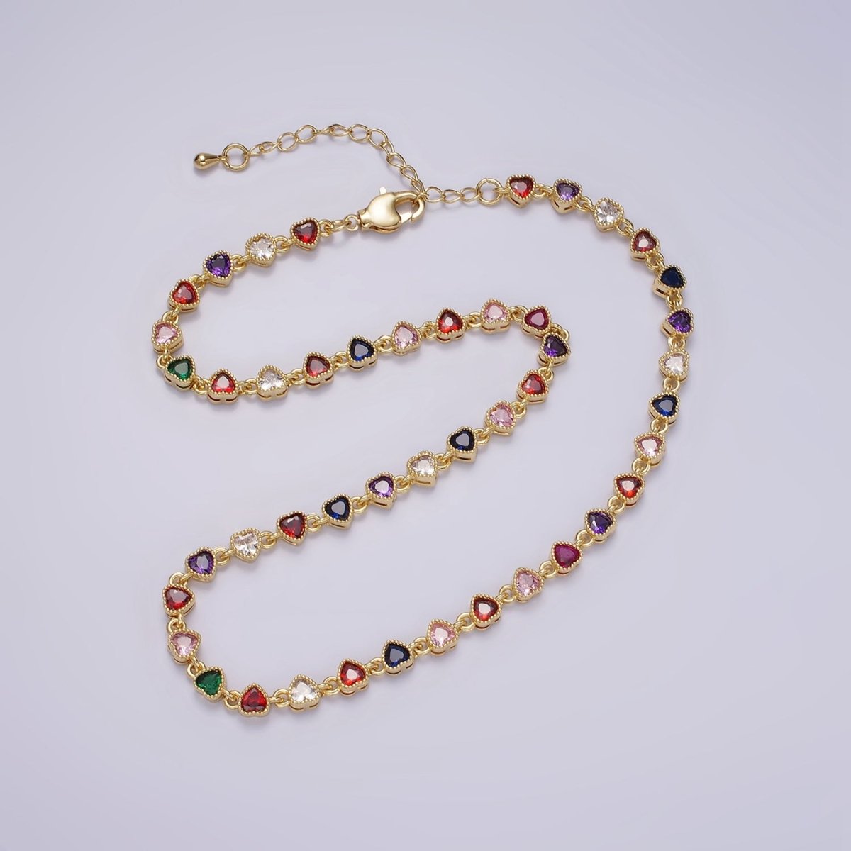 14K Gold plated CZ Multicolor Heart Bezel 15 Inch Necklace in Gold & Silver | WA-2244 WA-2245 Clearance Pricing