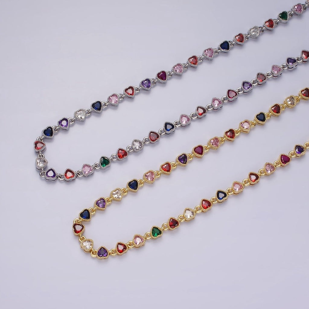 14K Gold plated CZ Multicolor Heart Bezel 15 Inch Necklace in Gold & Silver | WA-2244 WA-2245 Clearance Pricing