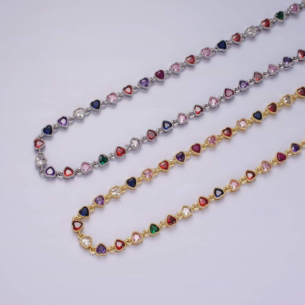 14K Gold plated CZ Multicolor Heart Bezel 15 Inch Necklace in Gold & Silver | WA-2244 WA-2245 Clearance Pricing