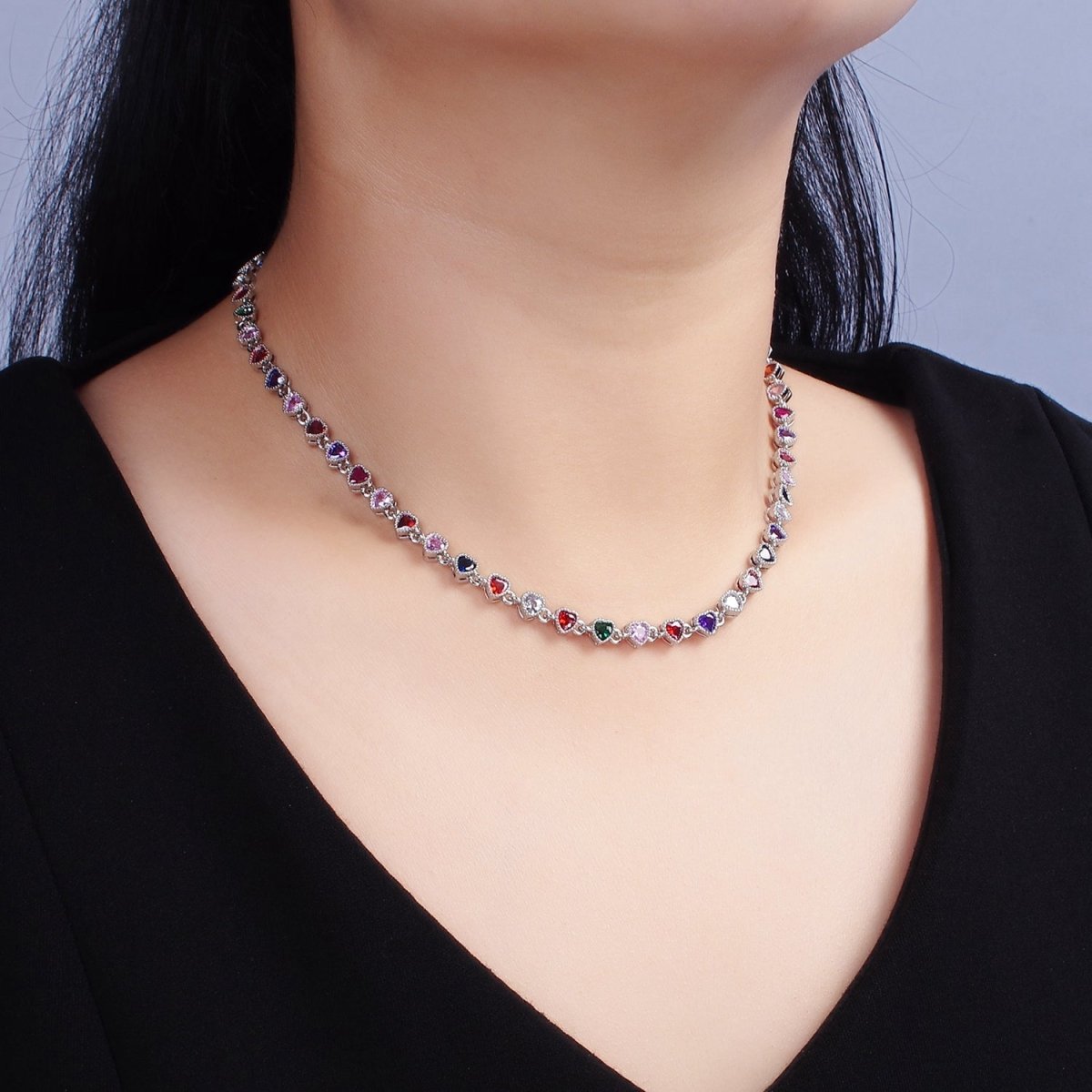 14K Gold plated CZ Multicolor Heart Bezel 15 Inch Necklace in Gold & Silver | WA-2244 WA-2245 Clearance Pricing