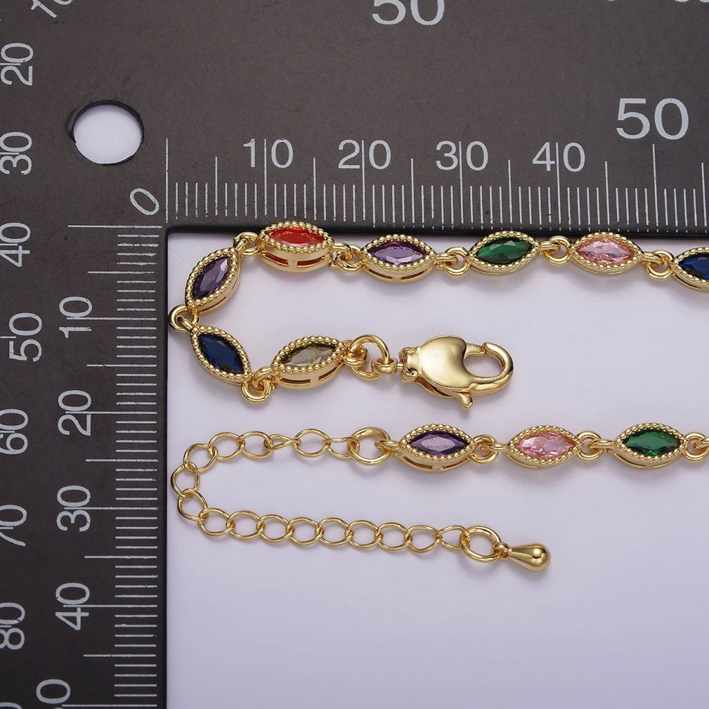 14K Gold plated CZ Multicolor Marquise Bezel 7 Inch Bracelet in Gold & Silver | WA-2232 WA-2233 Clearance Pricing - DLUXCA