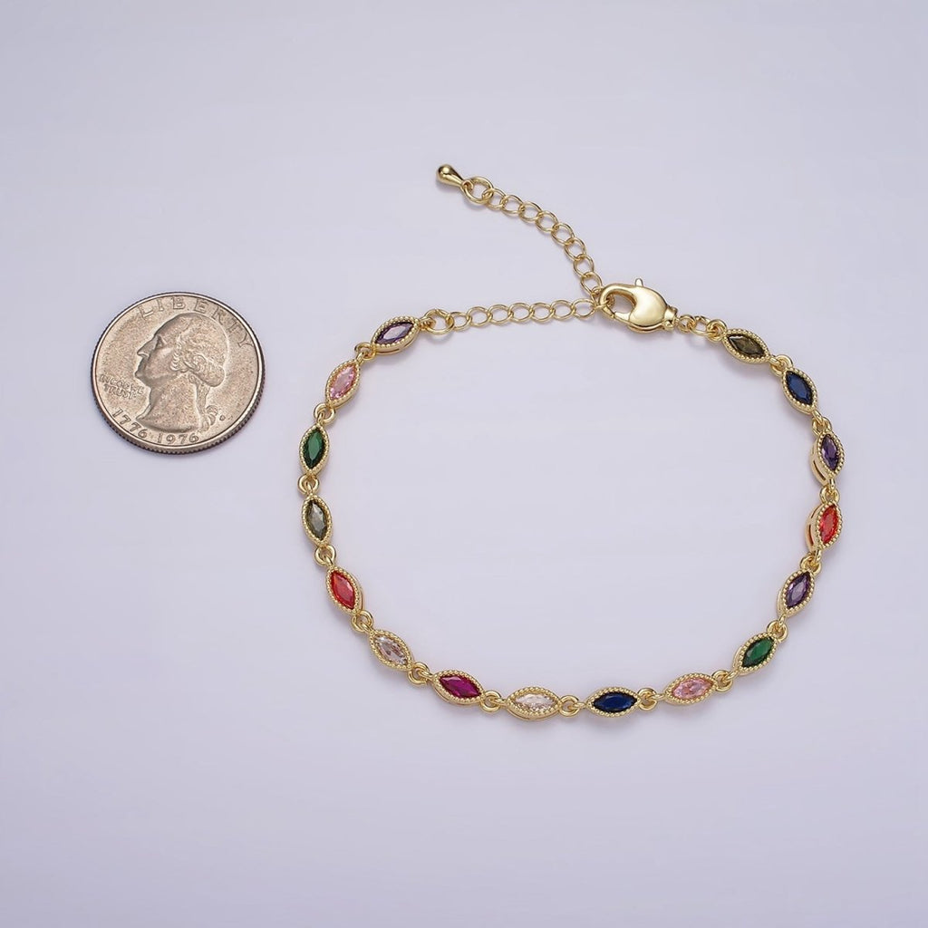 14K Gold plated CZ Multicolor Marquise Bezel 7 Inch Bracelet in Gold & Silver | WA-2232 WA-2233 Clearance Pricing - DLUXCA