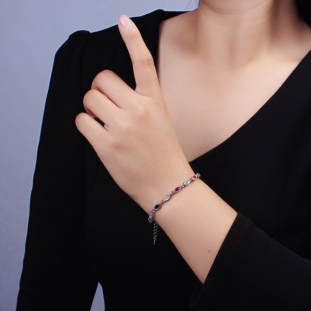 14K Gold plated CZ Multicolor Marquise Bezel 7 Inch Bracelet in Gold & Silver | WA-2232 WA-2233 Clearance Pricing - DLUXCA