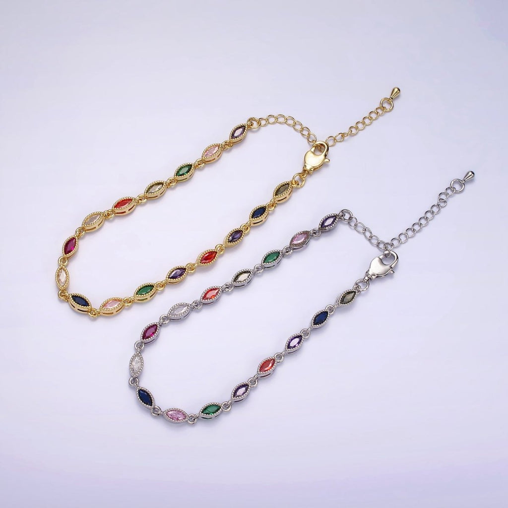 14K Gold plated CZ Multicolor Marquise Bezel 7 Inch Bracelet in Gold & Silver | WA-2232 WA-2233 Clearance Pricing - DLUXCA
