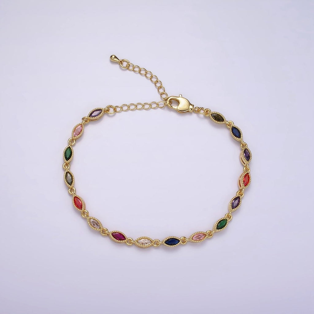 14K Gold plated CZ Multicolor Marquise Bezel 7 Inch Bracelet in Gold & Silver | WA-2232 WA-2233 Clearance Pricing - DLUXCA