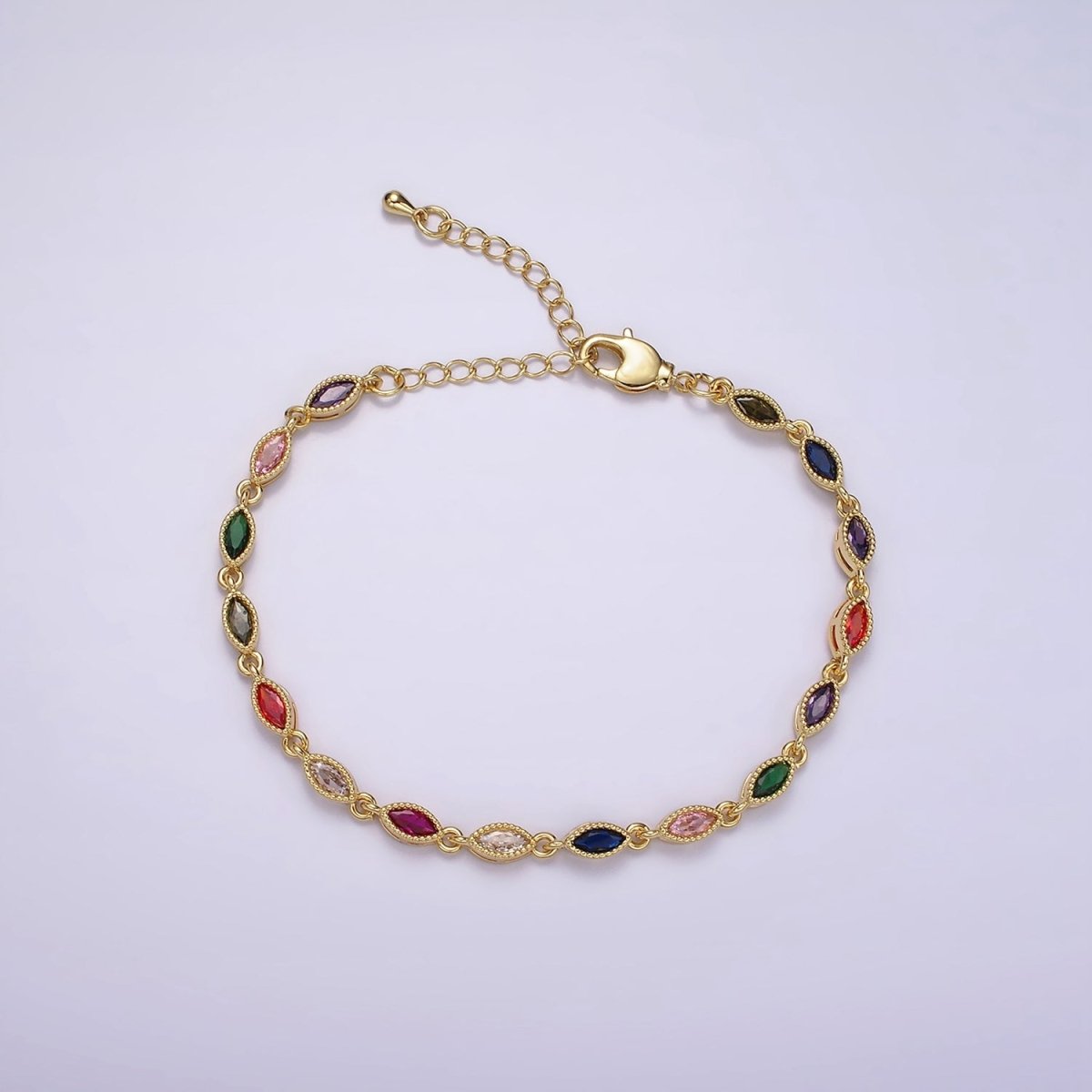 14K Gold plated CZ Multicolor Marquise Bezel 7 Inch Bracelet in Gold & Silver | WA-2232 WA-2233 Clearance Pricing - DLUXCA