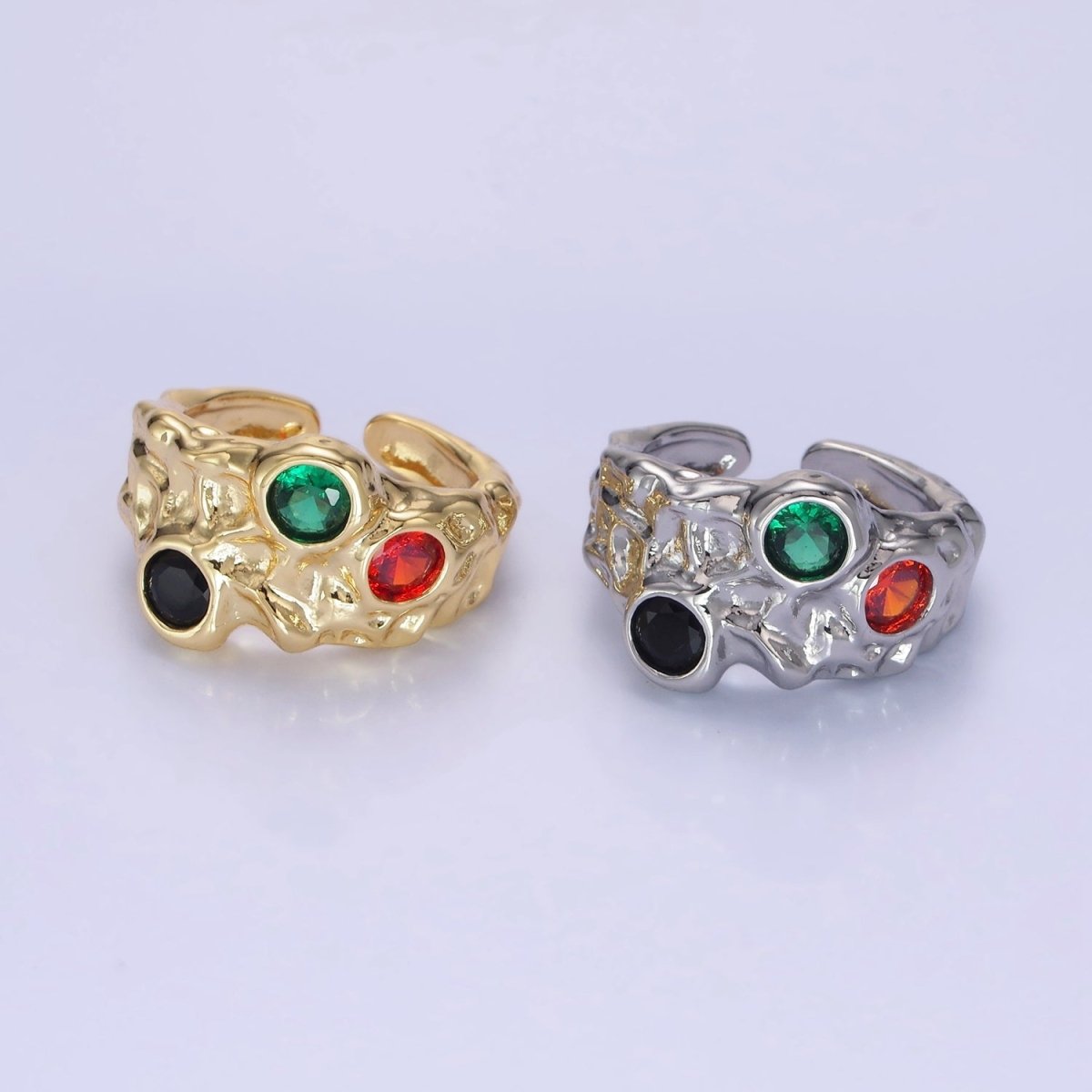 14K Gold plated CZ Multicolor Molten Hammered Ring in Gold & Silver | O1333 O1334