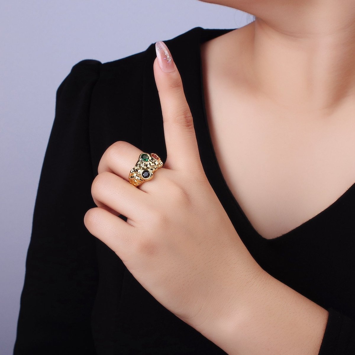 14K Gold plated CZ Multicolor Molten Hammered Ring in Gold & Silver | O1333 O1334
