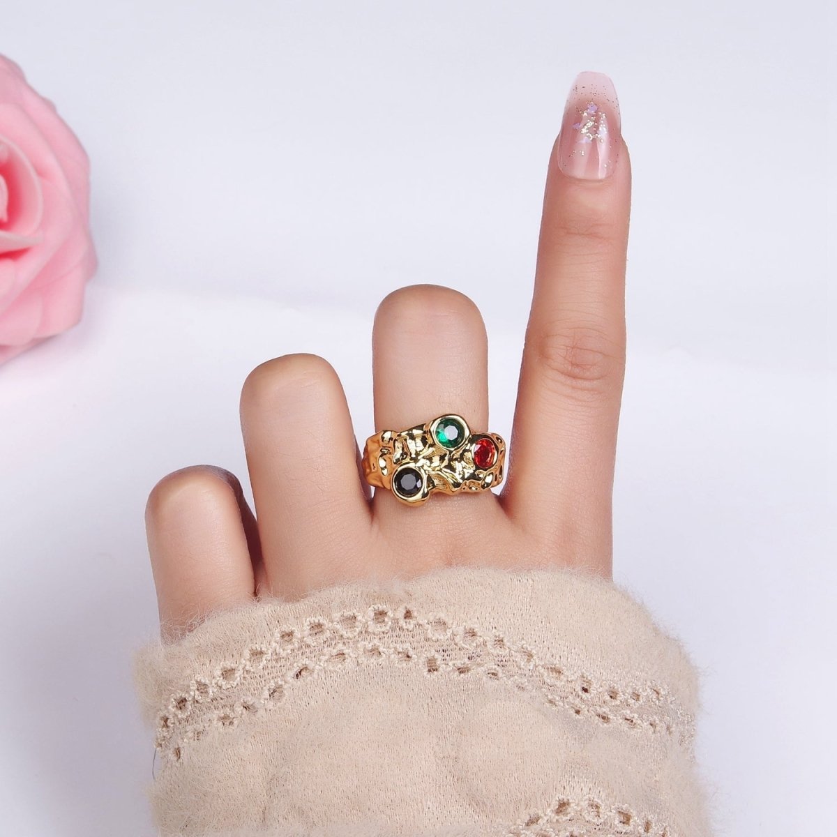 14K Gold plated CZ Multicolor Molten Hammered Ring in Gold & Silver | O1333 O1334