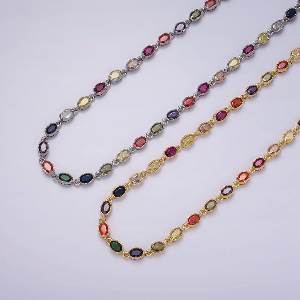 14K Gold plated CZ Multicolor Oval  Bezel 16 Inch Necklace in Gold & Silver | WA-2246 WA-2247
