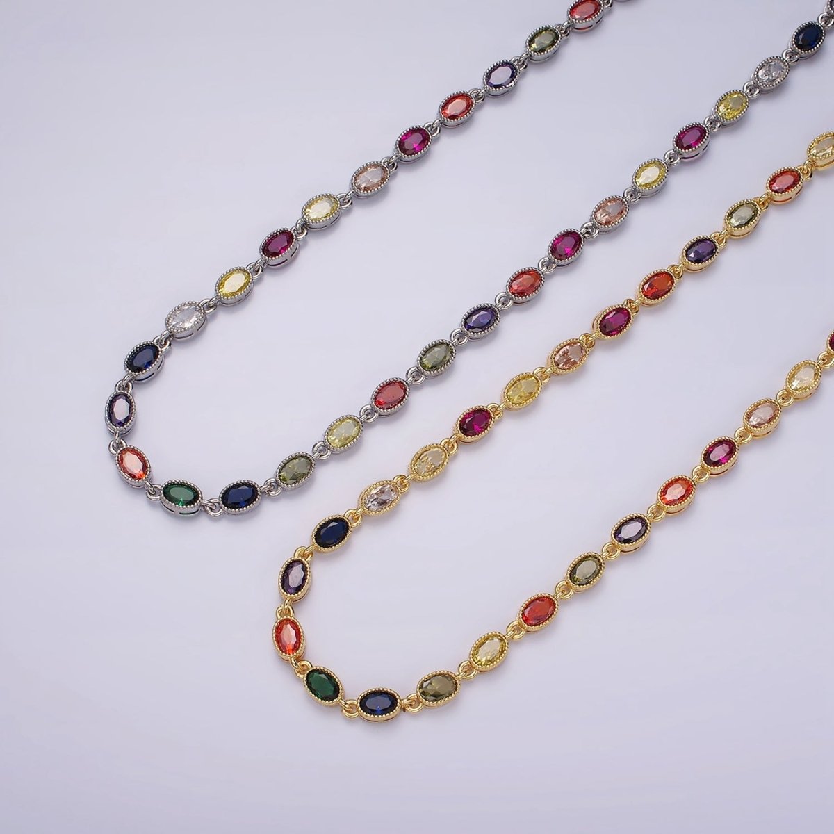 14K Gold plated CZ Multicolor Oval  Bezel 16 Inch Necklace in Gold & Silver | WA-2246 WA-2247