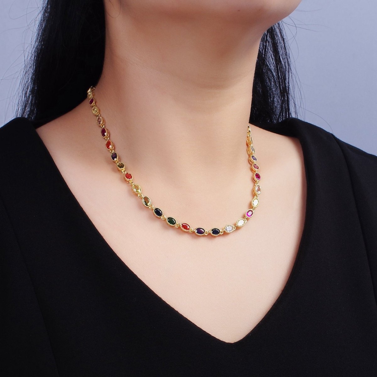 14K Gold plated CZ Multicolor Oval  Bezel 16 Inch Necklace in Gold & Silver | WA-2246 WA-2247