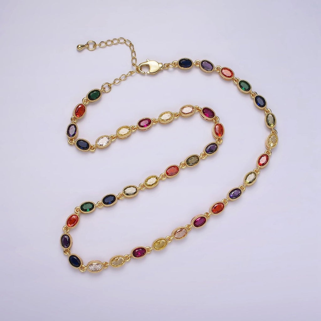 14K Gold plated CZ Multicolor Oval  Bezel 16 Inch Necklace in Gold & Silver | WA-2246 WA-2247