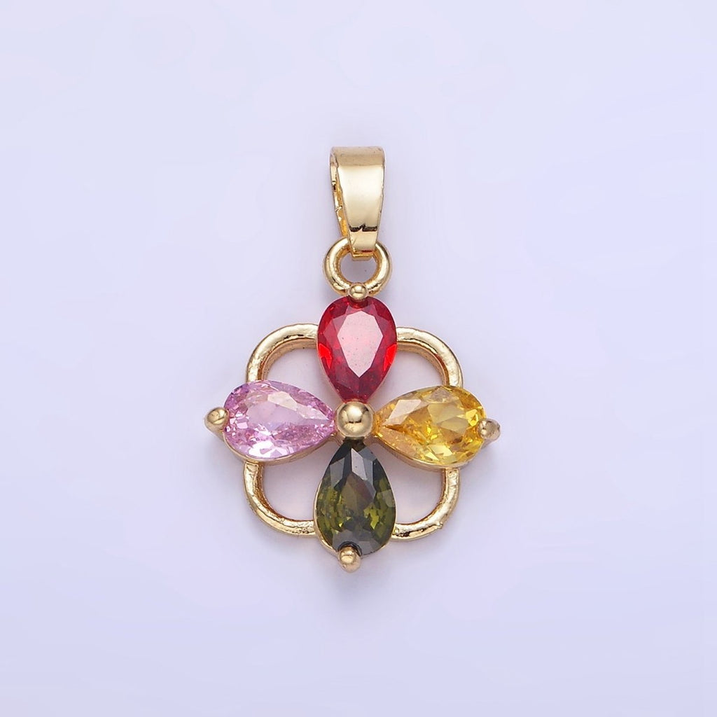 14K Gold plated CZ Multicolor Teardrop Open Square Bail Pendant | AA1179 - DLUXCA
